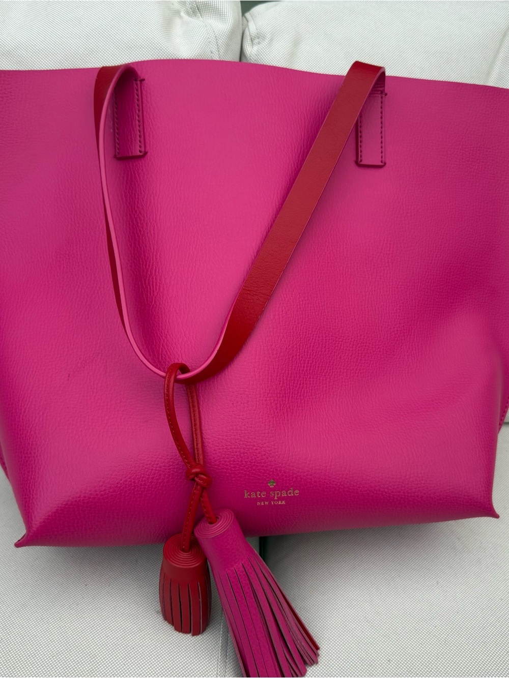 Kate Spade Hot Pink Tote with Red Strap and Tassels